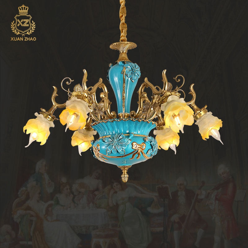 French Ceramic Chandelier European - Style Villa Restaurant Full Copper Lamp Retro Living Room