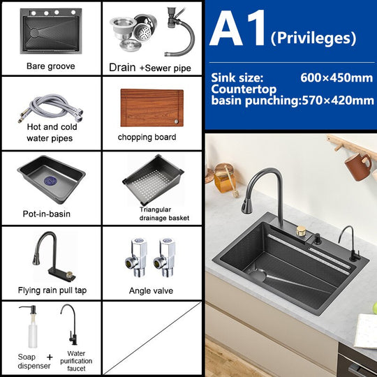 Waterfall Sink Kitchen 304 Stainless Steel Large Single Slot Modern Multifuctional Workstation With