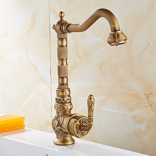 Kitchen Faucet Vintage Antique Hot Cold Rotating Bathroom Sink Carved Basin Mixer Tap Solid Brass