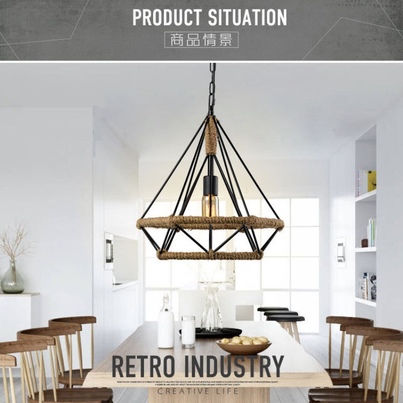 Retro Industrial Chandelier Russian Attic Cage Diamond - Shaped Hemp Rope Dining Room Living