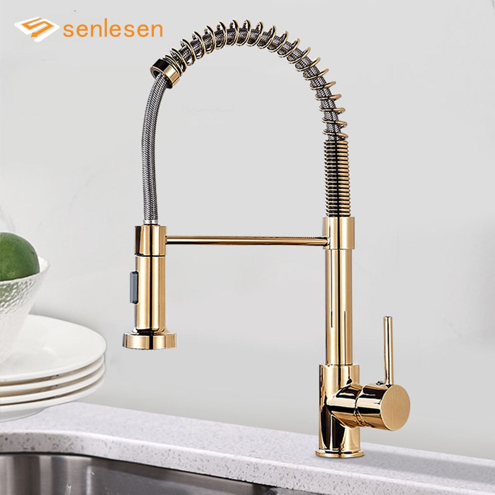 Golden Kitchen Spring Faucet Brass Deck Mount 360 Degree Rotate Stream &amp; Sprayer Nozzle Hot Cold