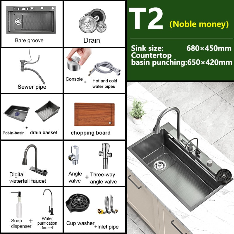 Waterfall Kitchen Sink Stainless Steel Embossed Washbasin Large Single Slot Left Drain