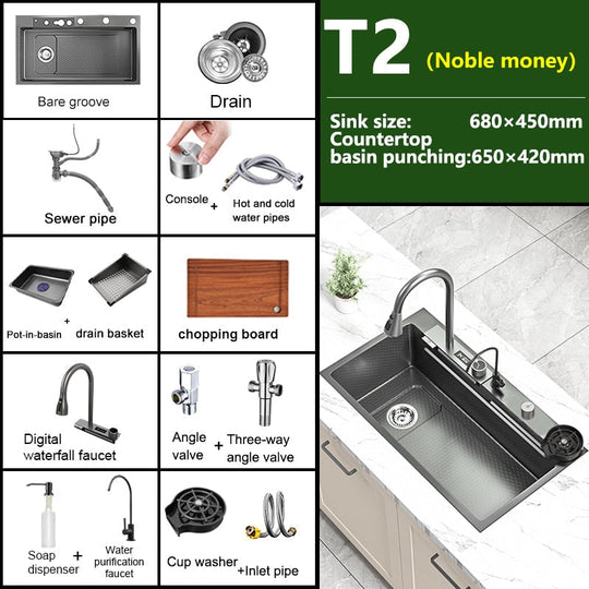 Waterfall Kitchen Sink Stainless Steel Embossed Washbasin Large Single Slot Left Drain