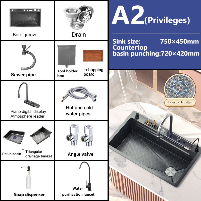 Stainless Steel Waterfall Kitchen Sink Digital Display Embossed Large Single - Slot Multifunctional