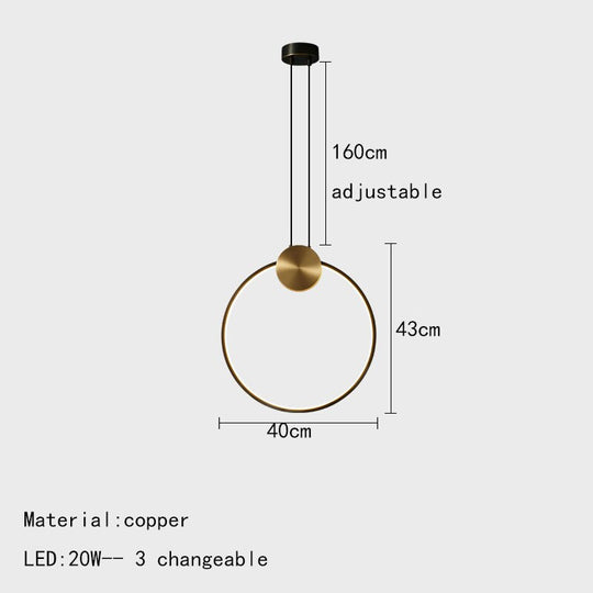 Minimalist Led Pendant Lights Copper Ring Bedsdie Foyer Aisle Lighting Fixtures Adjustable Wire