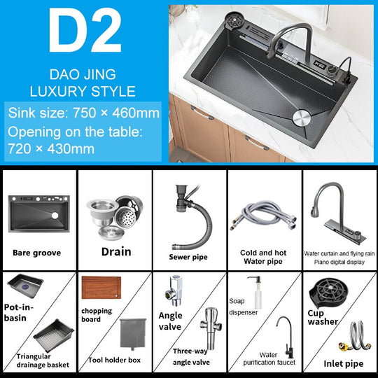 Digital Display Waterfall Sink Embossed Stainless Steel Kitchen Large Single Bowl Black Washbasin