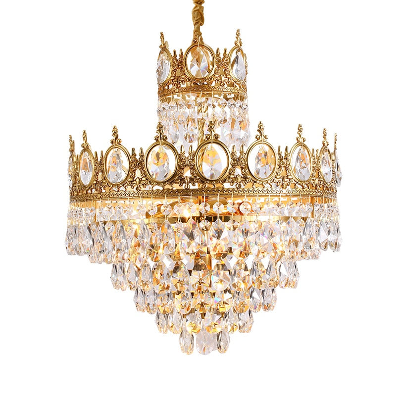 Baroque Royal Crown Crystal Pendant Lamp - Elegant Gold Hanging Light For Living And Dining Rooms