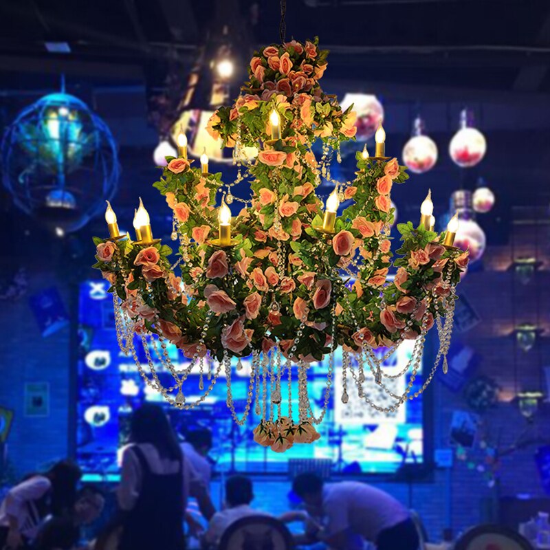 Pink Flower Theme Restaurant Hotel Wedding Banquet Hall Pendant Light Simulation Green Plant
