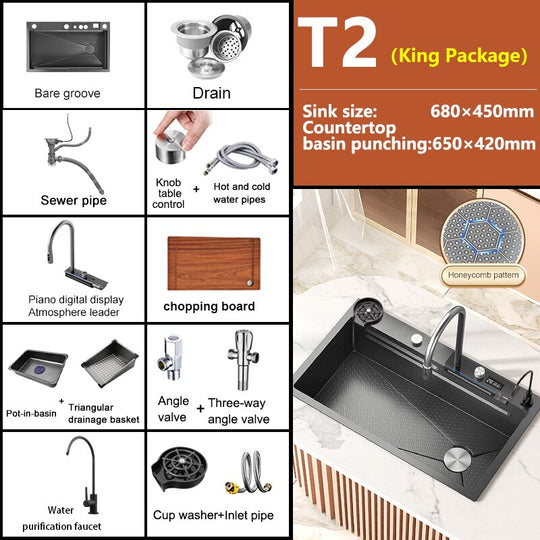 Stainless Steel Waterfall Kitchen Sink Digital Display Embossed Large Single - Slot Multifunctional