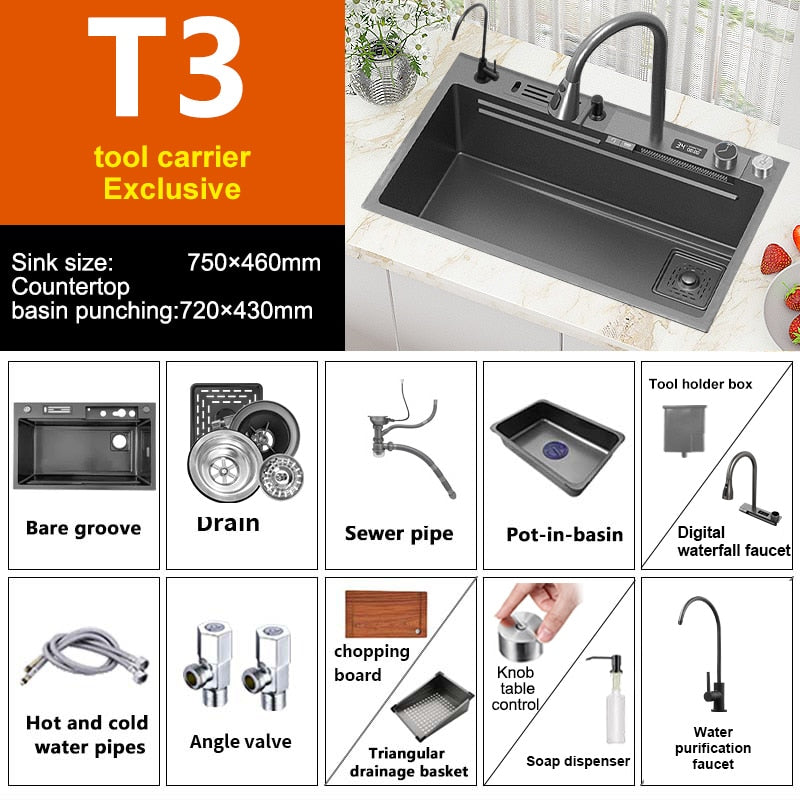 Waterfall Sink Kitchen 304 Stainless Steel Large Single Slot With Multifunction Touch Faucet Above