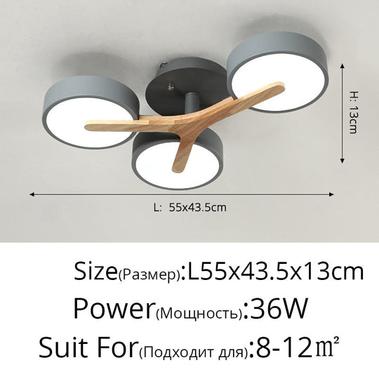 Nordic Style Decorative Wood Art Led Ceiling Light For Living Room A Gray 3 Heads 36W / Warm White