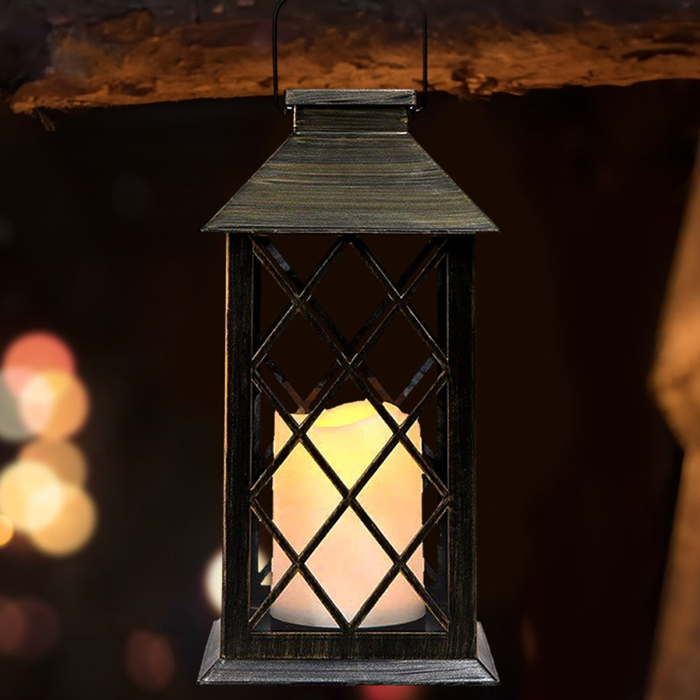 Retro Solar Powered Lamp Hanging Lanterns Warm Light Hollow Lights With Handle Outdoor Garden