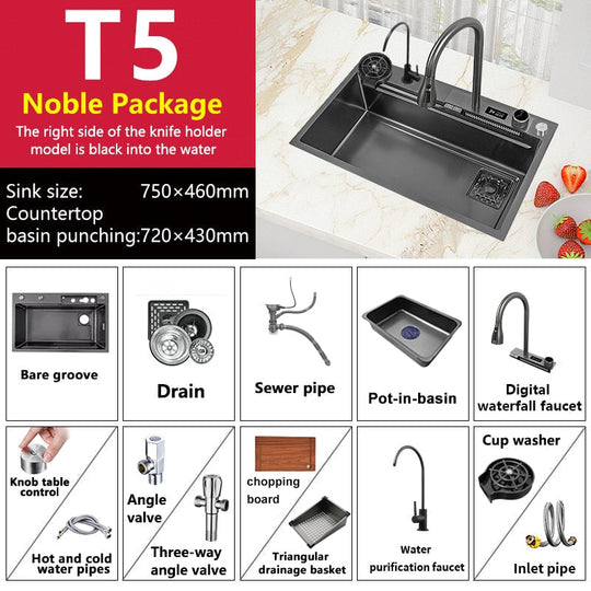 Waterfall Sink Kitchen 304 Stainless Steel Large Single Slot With Multifunction Touch Faucet Above