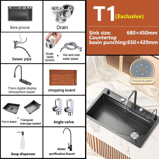 Stainless Steel Waterfall Kitchen Sink Digital Display Embossed Large Single - Slot Multifunctional