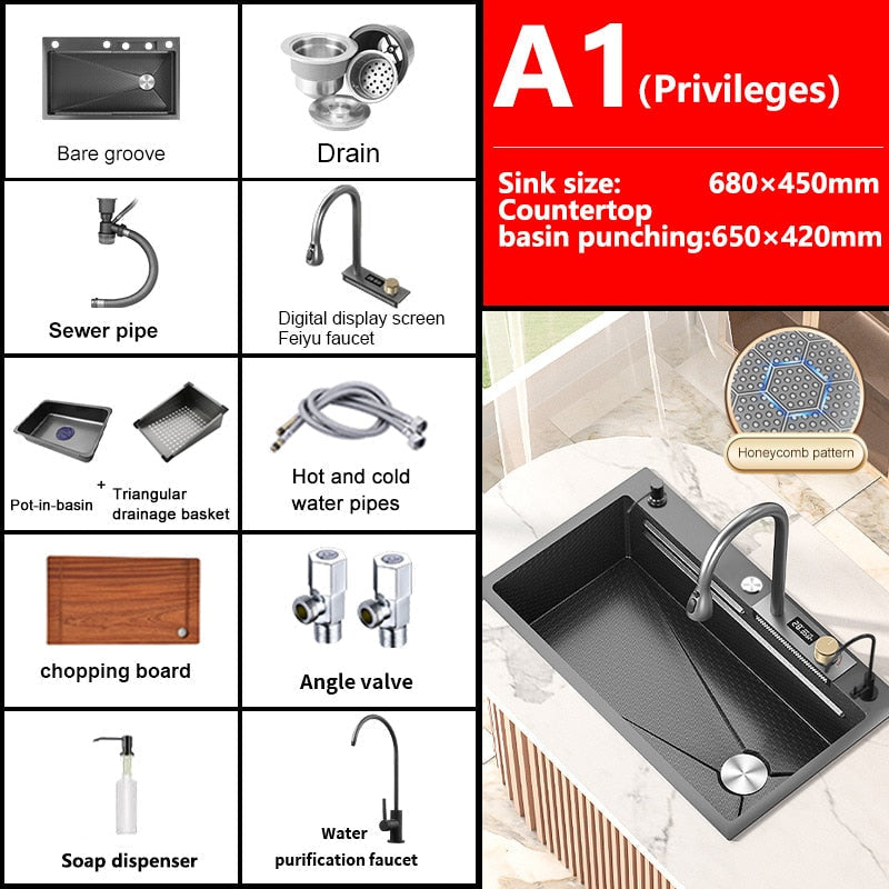 Kitchen Sink Large Single Slot Stainless Steel Waterfall Household Embossed Washing Basin Utensils