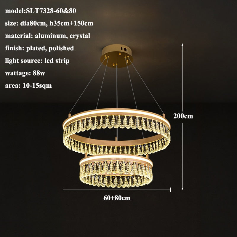 Modern Led K9 Crystal Chandelier 3 / 4 Ring Living Dining Room Hanging Light Circle Pendant Lamp