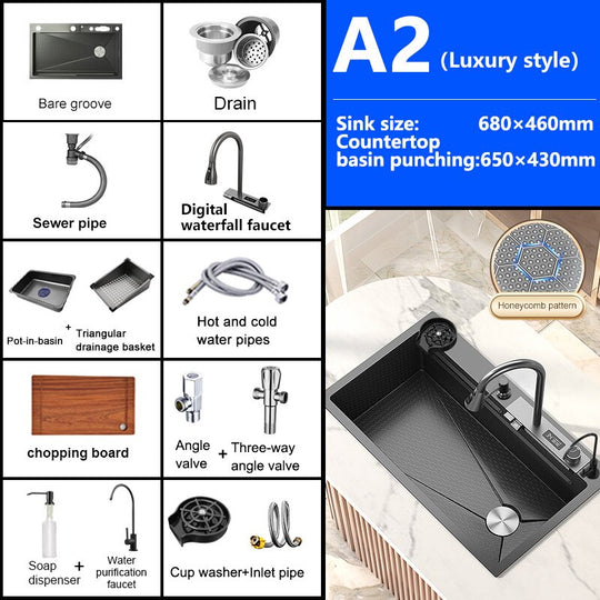 Digital Display Waterfall Sink Embossed Stainless Steel Kitchen Large Single Bowl Black Washbasin