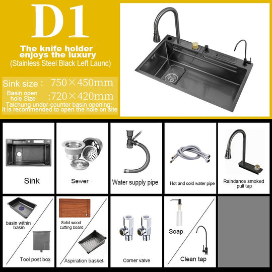 304 Stainless Steel Kitchen Waterfall Sink Digital Display Large Single Dish Basin With