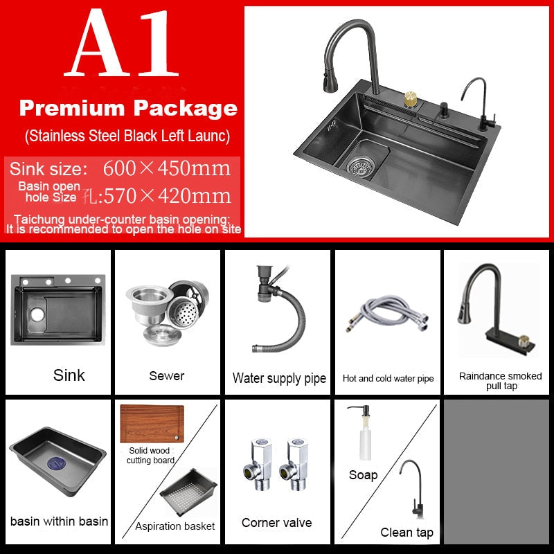 304 Stainless Steel Kitchen Waterfall Sink Digital Display Large Single Dish Basin With