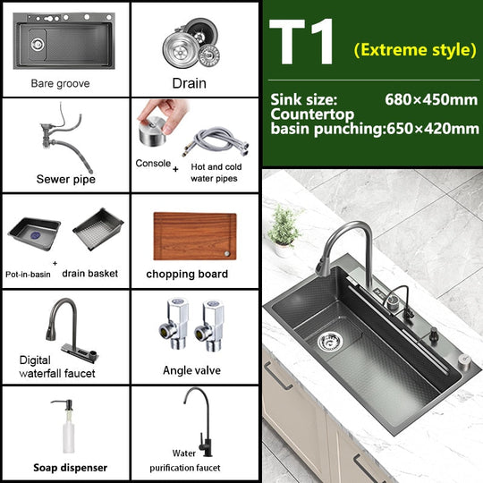 Waterfall Kitchen Sink Stainless Steel Embossed Washbasin Large Single Slot Left Drain