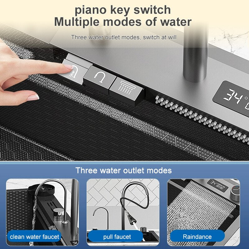 Stainless Steel Kitchen Sink Digital Display Embossed Waterfall Sink Large Single Slot