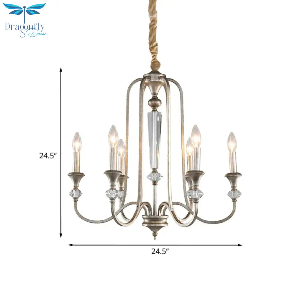 Aged Silver Candlestick Suspension Light Antiqued Metallic 6 - Bulb Restaurant Chandelier