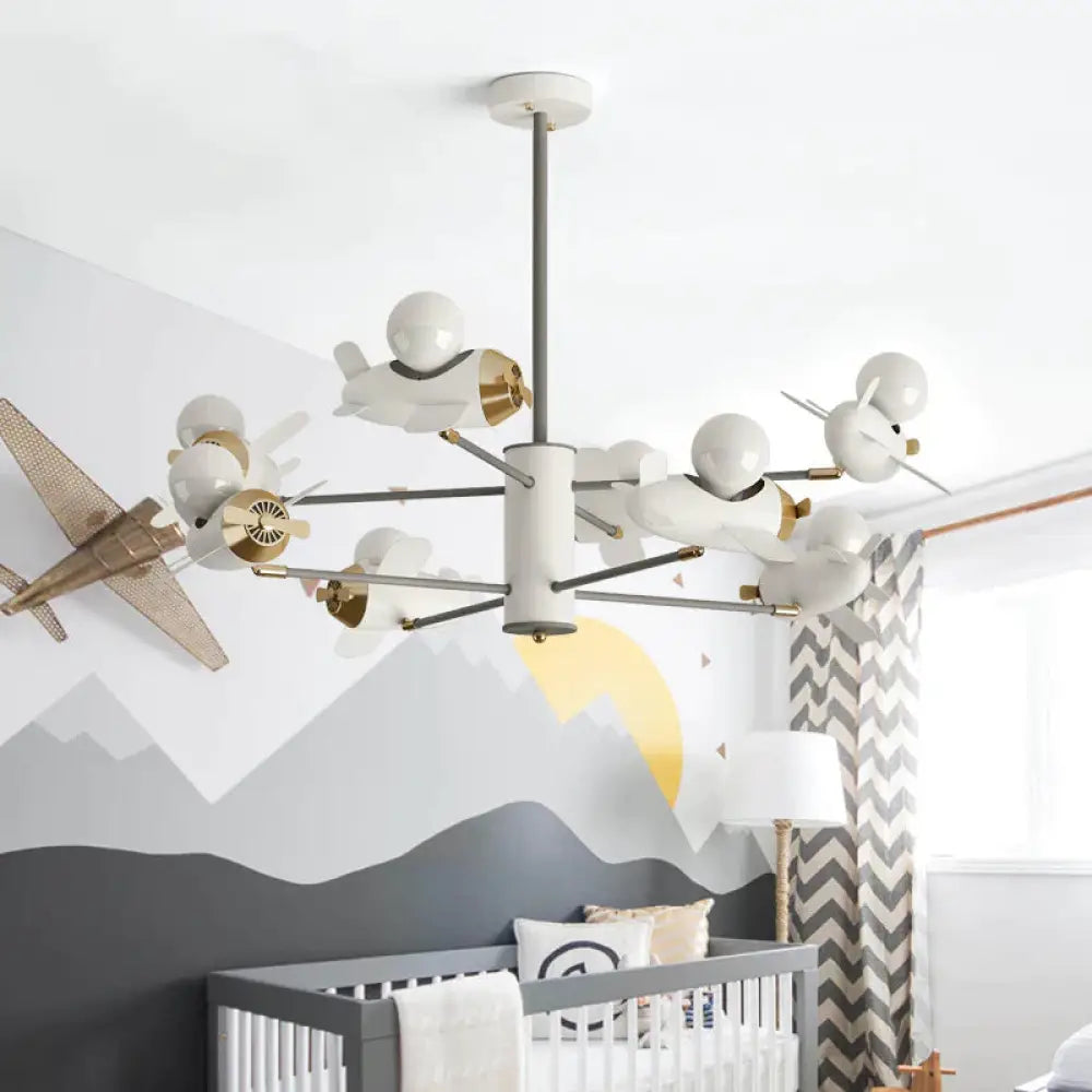Airplane Pendant Chandelier Cartoon Metal 5/8 Heads White Hanging Light Fixture For Kids Bedroom 8 /