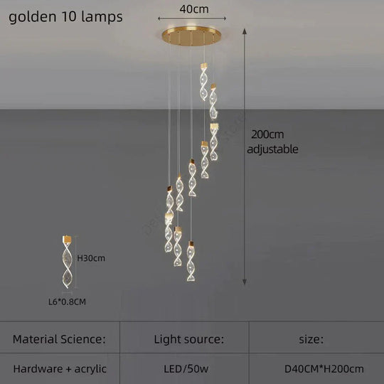 Alura - Designer Spiral Chandelier Golden 10 Lamps / White Light