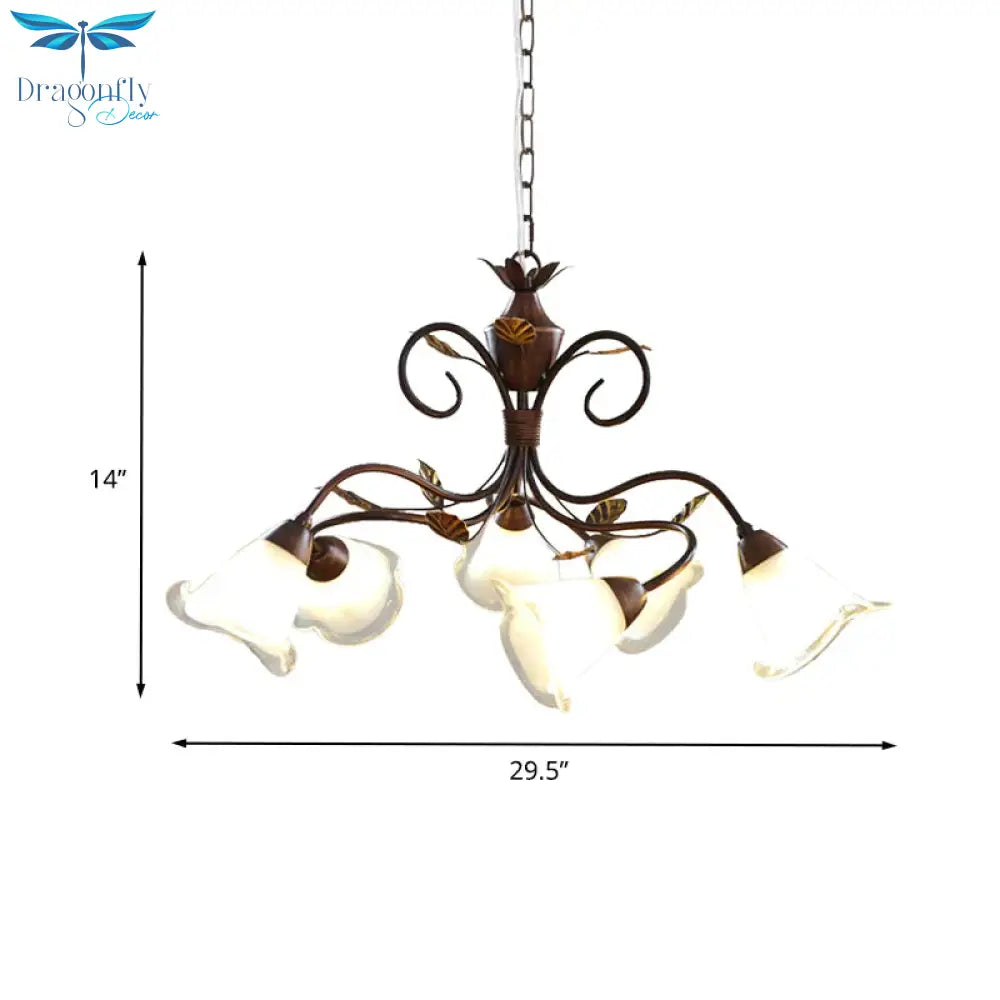 American Flower Chandelier Lamp 6 Lights Metal Led Hanging Light Fixture In Brown For Living Room