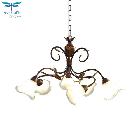 American Flower Chandelier Lamp 6 Lights Metal Led Hanging Light Fixture In Brown For Living Room