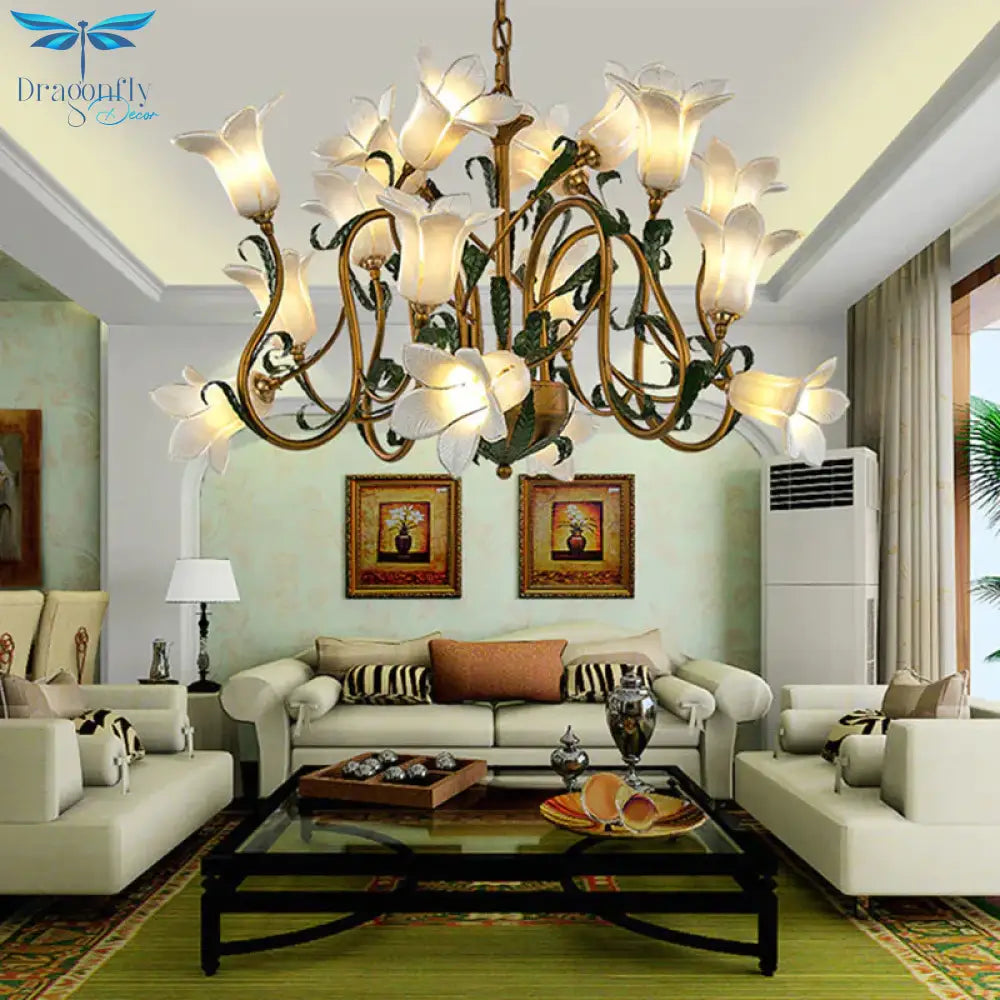 American Flower Metal Hanging Pendant 16 Heads White/Yellow/Purple Glass Led Ceiling Chandelier For