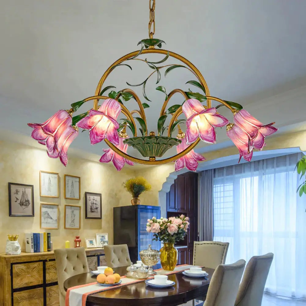 American Garden Lily Hanging Chandelier 6/8/10 Bulbs Metal Led Suspension Light In Brass For Dining