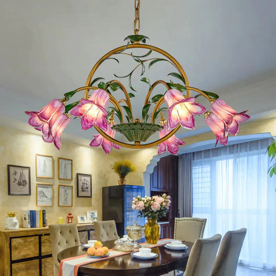American Garden Lily Hanging Chandelier 6/8/10 Bulbs Metal Led Suspension Light In Brass For Dining