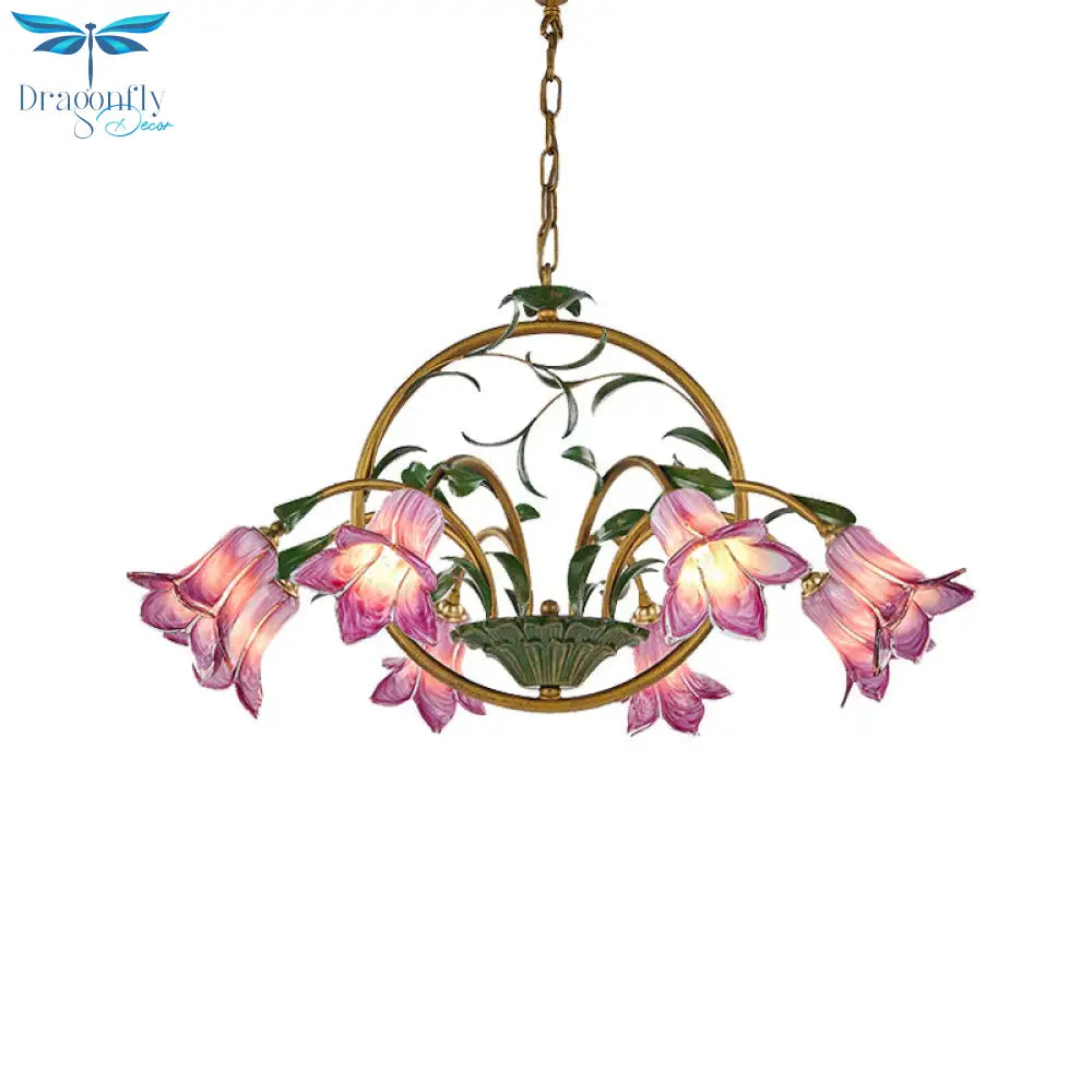 American Garden Lily Hanging Chandelier 6/8/10 Bulbs Metal Led Suspension Light In Brass For Dining
