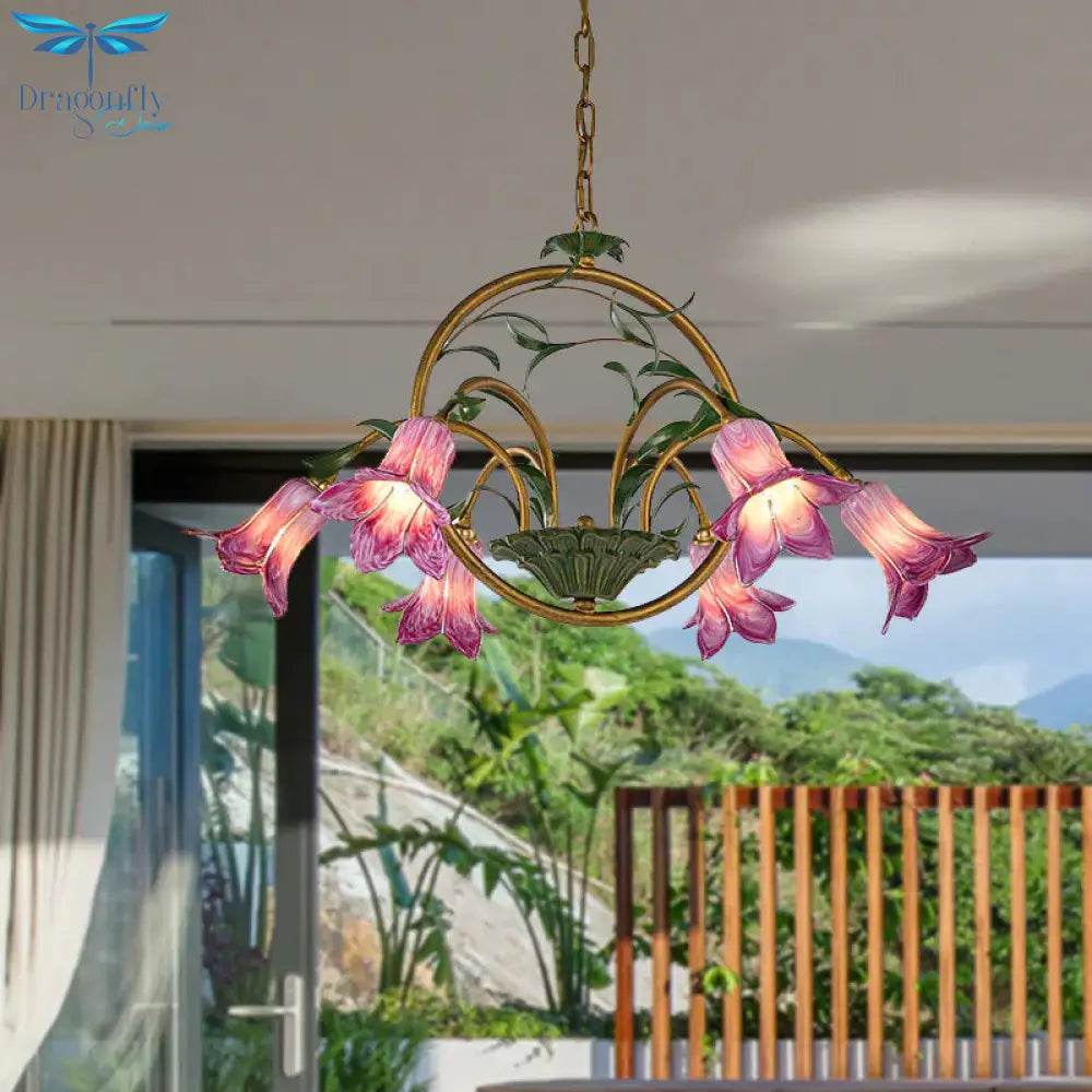 American Garden Lily Hanging Chandelier 6/8/10 Bulbs Metal Led Suspension Light In Brass For Dining