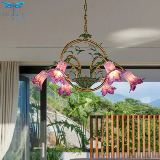 American Garden Lily Hanging Chandelier 6/8/10 Bulbs Metal Led Suspension Light In Brass For Dining
