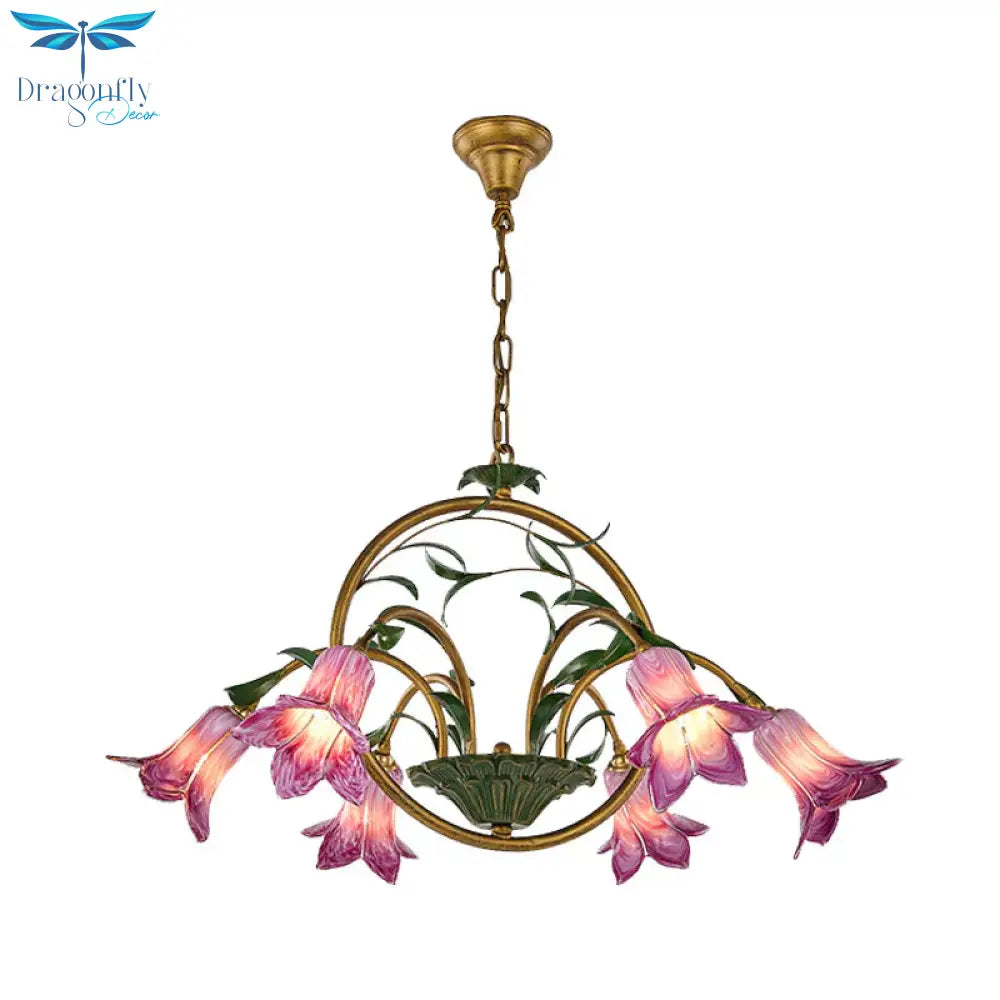American Garden Lily Hanging Chandelier 6/8/10 Bulbs Metal Led Suspension Light In Brass For Dining