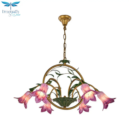 American Garden Lily Hanging Chandelier 6/8/10 Bulbs Metal Led Suspension Light In Brass For Dining