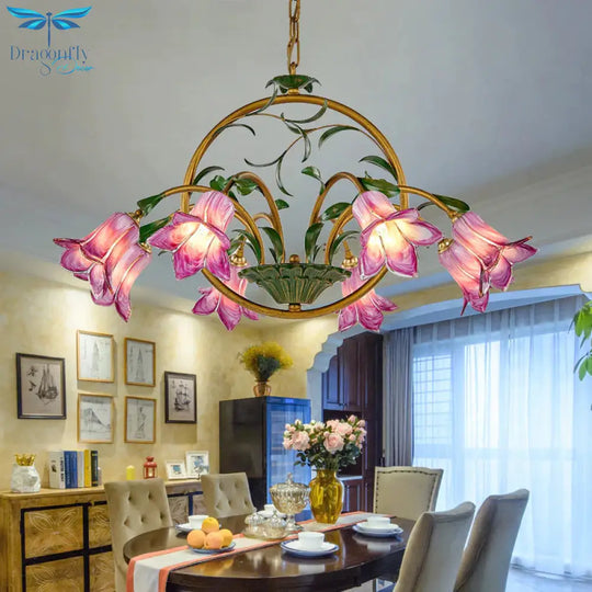 American Garden Lily Hanging Chandelier 6/8/10 Bulbs Metal Led Suspension Light In Brass For Dining