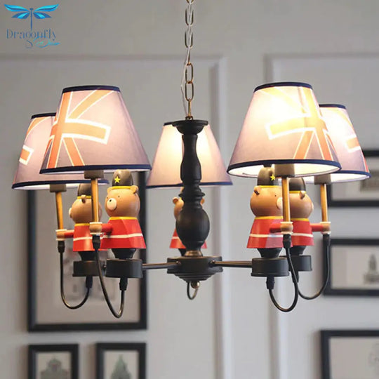 American Style Bear Chandelier Metal 5 Lights Blue Shade Hanging Pendant For Kid Bedroom
