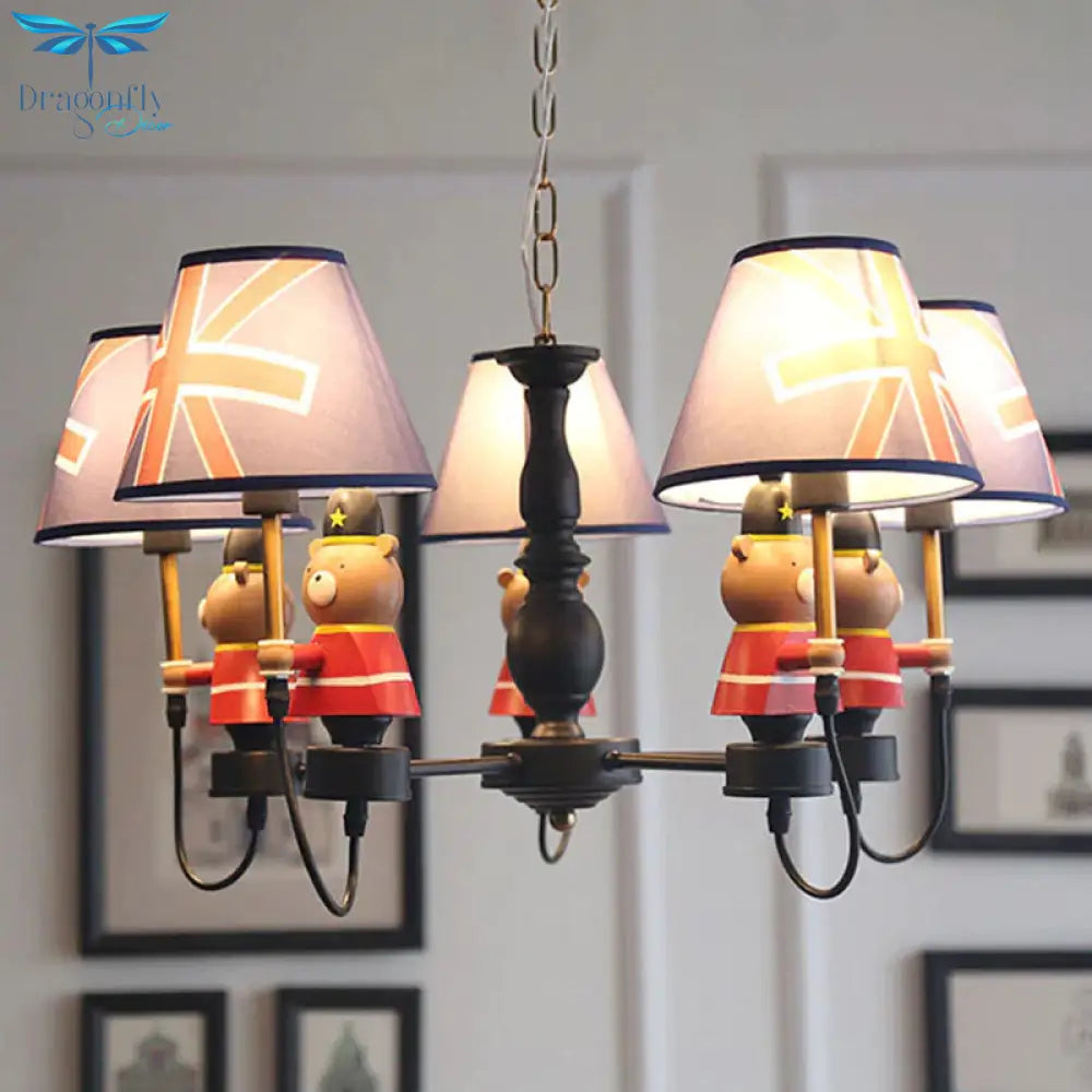 American Style Bear Chandelier Metal 5 Lights Blue Shade Hanging Pendant For Kid Bedroom