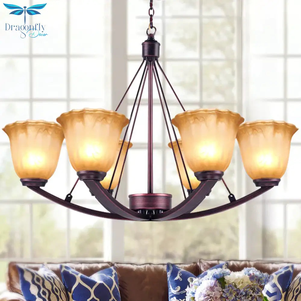Antique Bell Chandelier Pendant Light 6/8 Bulbs Frosted Glass Hanging Lamp In Copper For Living Room