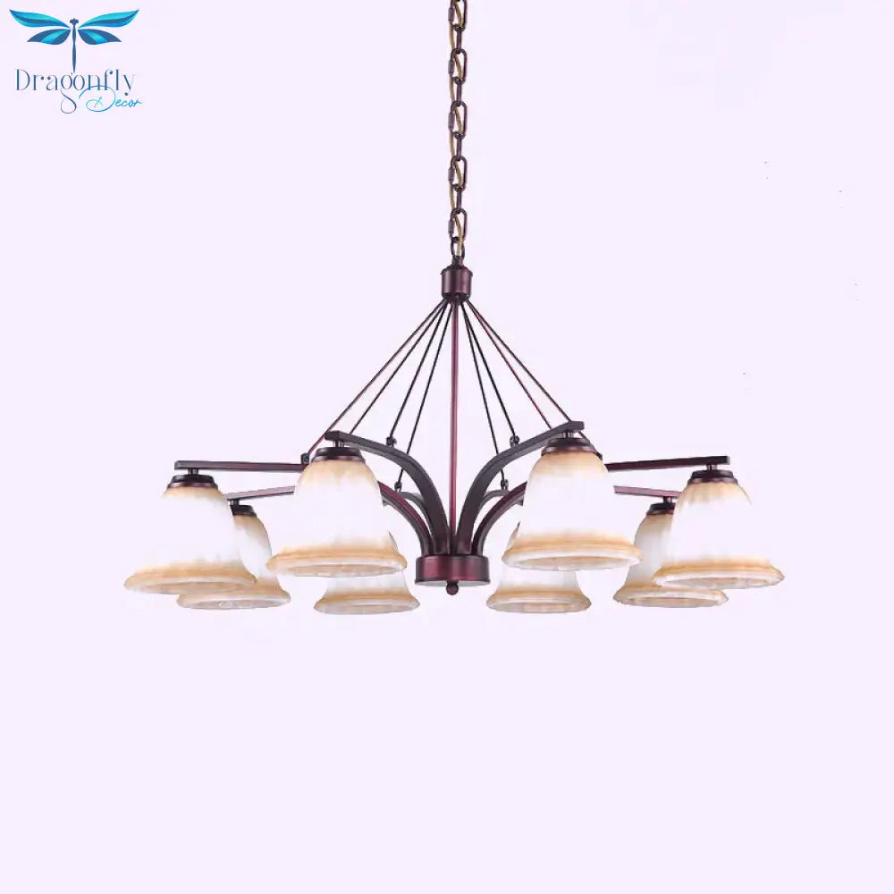 Antique Bell Chandelier Pendant Light 6/8 Bulbs Frosted Glass Hanging Lamp In Copper For Living Room