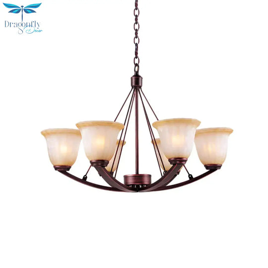 Antique Bell Chandelier Pendant Light 6/8 Bulbs Frosted Glass Hanging Lamp In Copper For Living Room