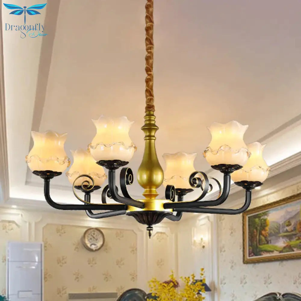 Antique Blossom Chandelier Lighting 6 - Head Frosted Glass Ceiling Pendant Light In Black