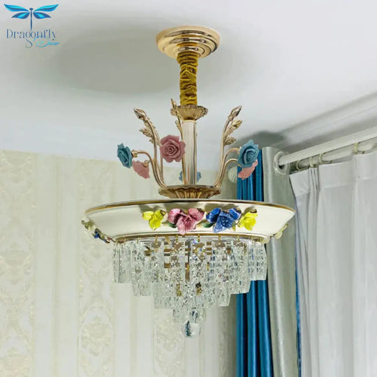 Antique Chandelier Crystal Drop Lamp With Handmade Rose Trim In Blue/Beige
