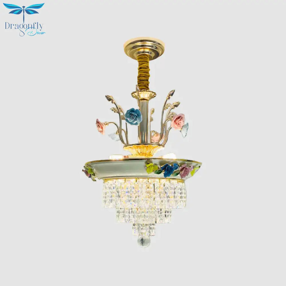 Antique Chandelier Crystal Drop Lamp With Handmade Rose Trim In Blue/Beige