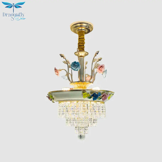 Antique Chandelier Crystal Drop Lamp With Handmade Rose Trim In Blue/Beige