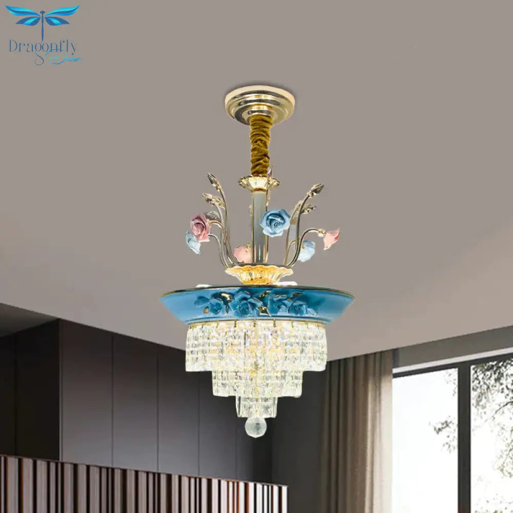 Antique Chandelier Crystal Drop Lamp With Handmade Rose Trim In Blue/Beige