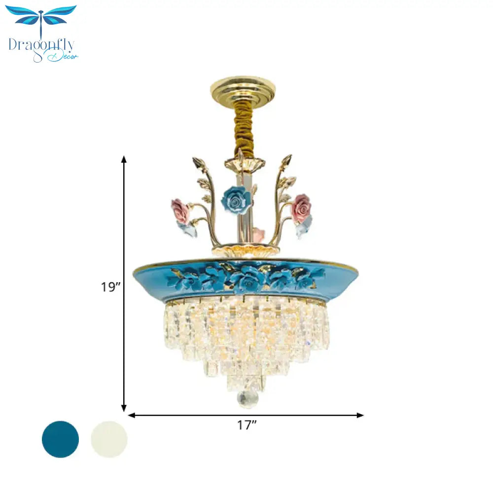 Antique Chandelier Crystal Drop Lamp With Handmade Rose Trim In Blue/Beige